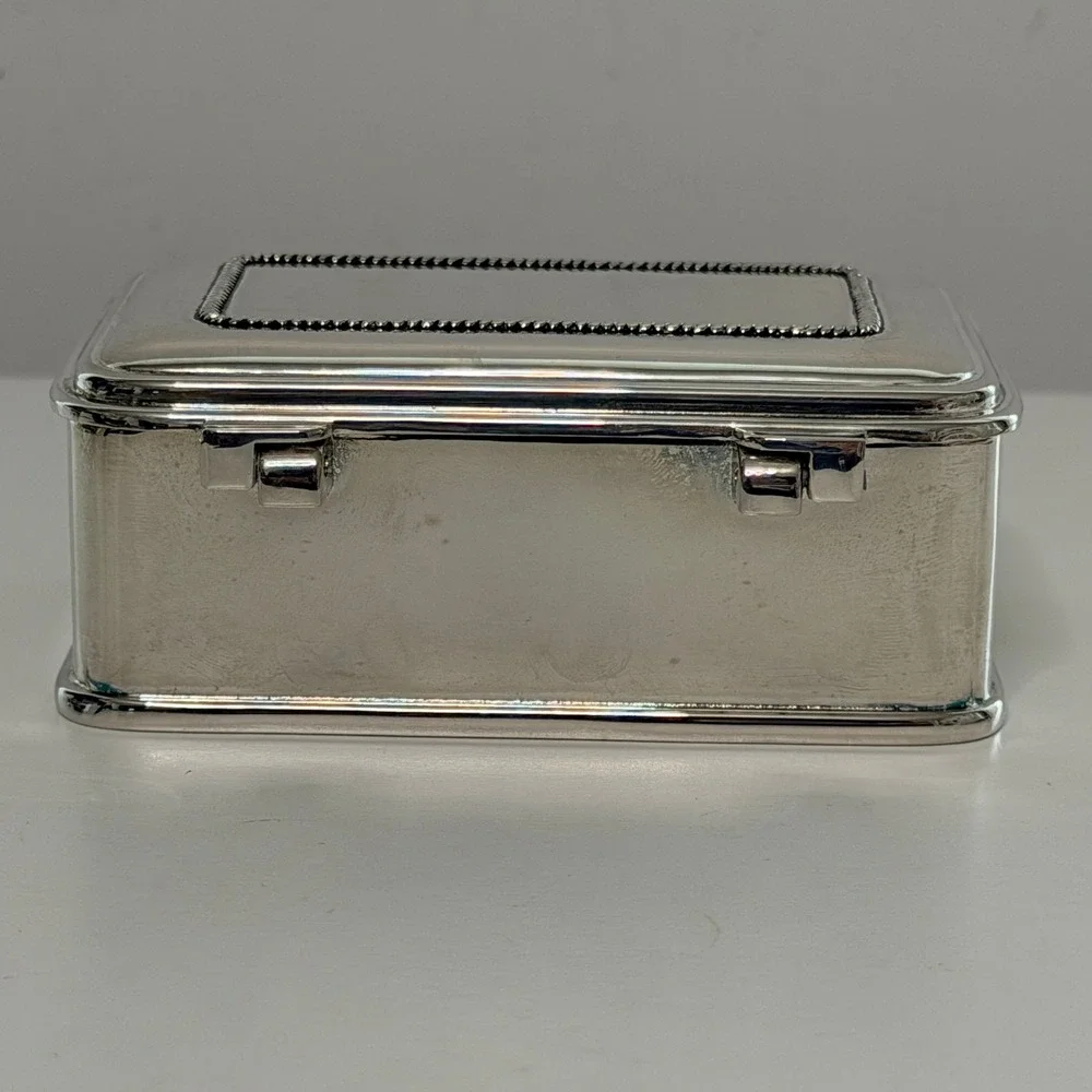 Vintage Silver Plate Trinket Box Blue Velvet Lined Jewelry Keepsake Box